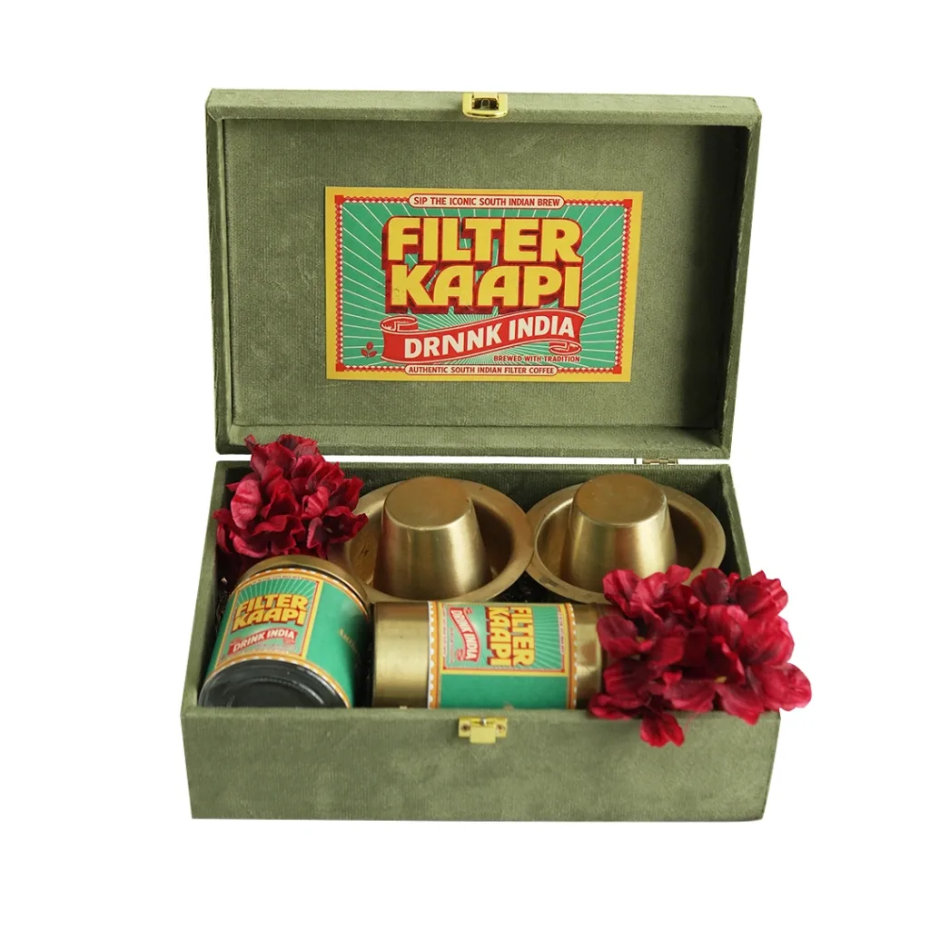coffee hamper south indian filter coffee gift set brass dabara green velvet kottanz 01