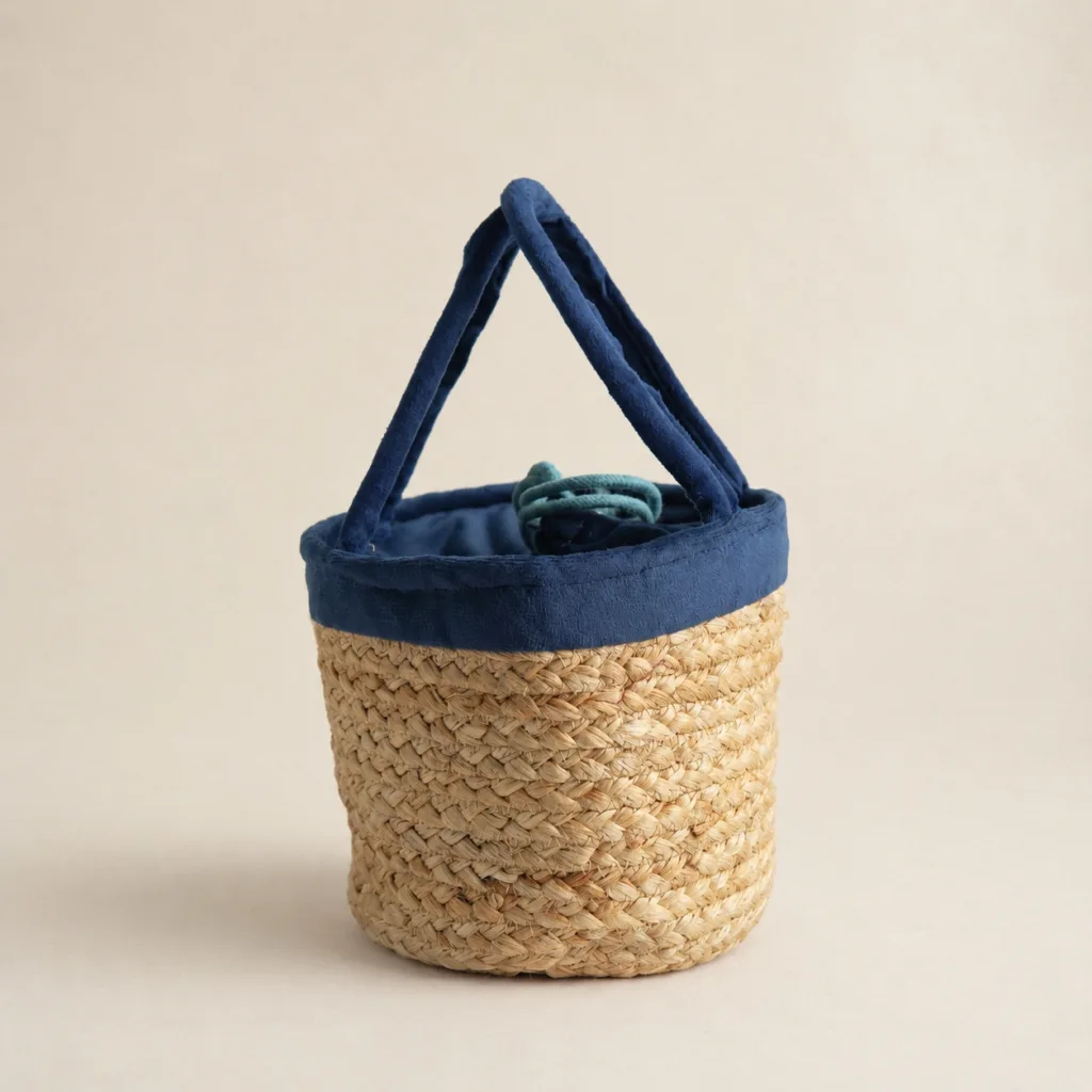 handcrafted jute basket with blue potli eco friendly return gift