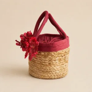 handcrafted jute basket with pink potli eco friendly return gift