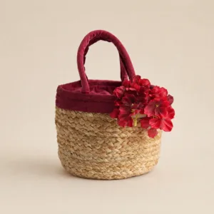 handcrafted jute basket with pink potli eco friendly return gift