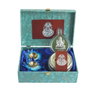 lakshmi hamper goddess lakshmi south indian gift blue brocade lotus lamp minakari 01