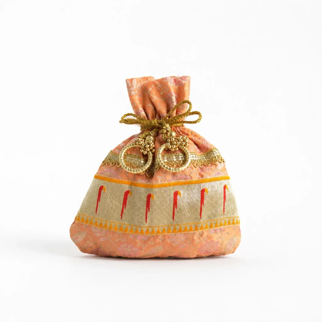 orange brocade potli bag traditional indian wedding return gift 01