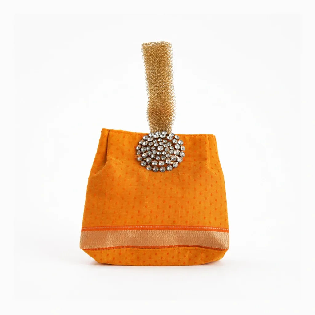 orange mangalgiri cotton wristlet bag traditional indian wedding return gift 01
