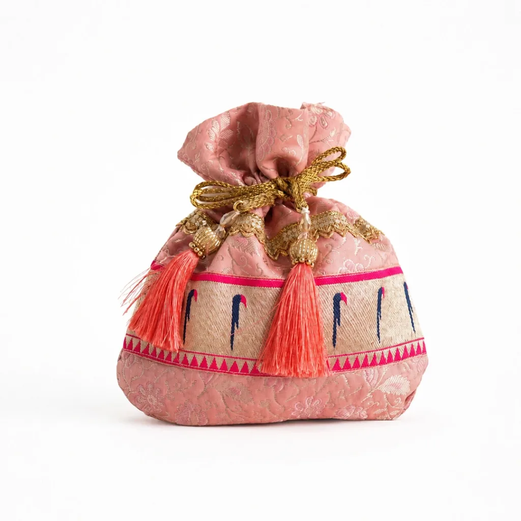 pink brocade potli bag traditional indian wedding return gift 01