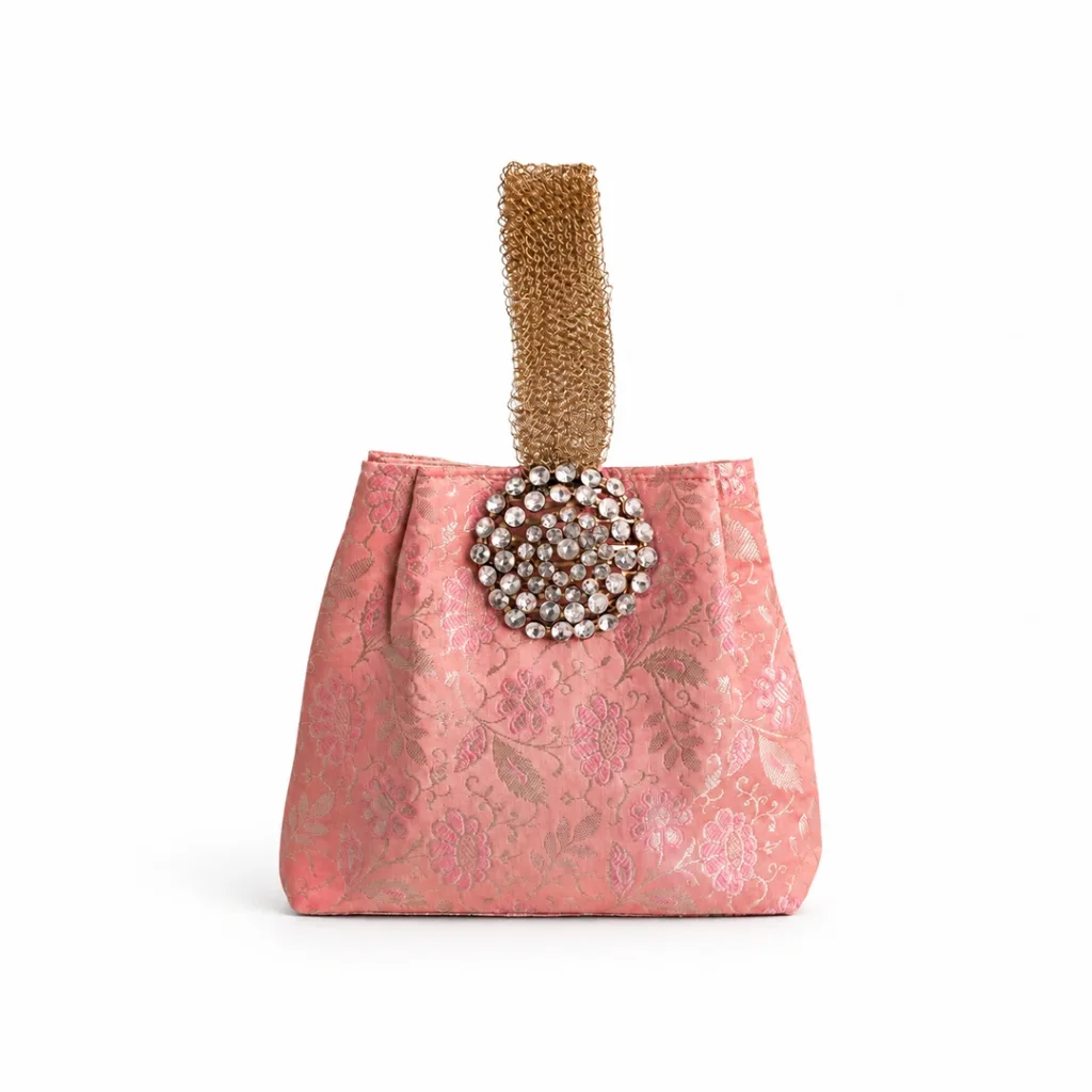 pink brocade wristlet bag traditional indian wedding return gift 01