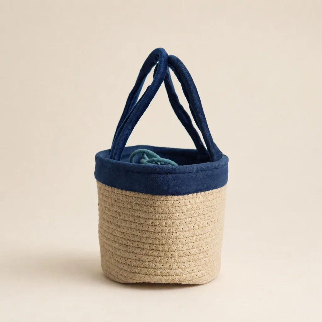 handcrafted rope basket with blue potli eco friendly return gift