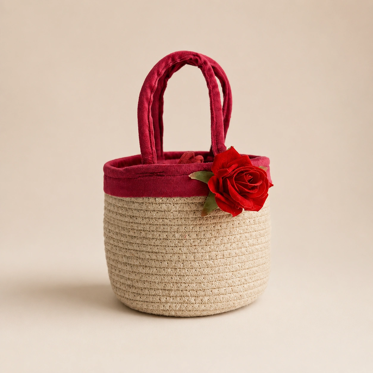Handcrafted Rope Basket with Pink Potli | 1 Eco Return Gift Set