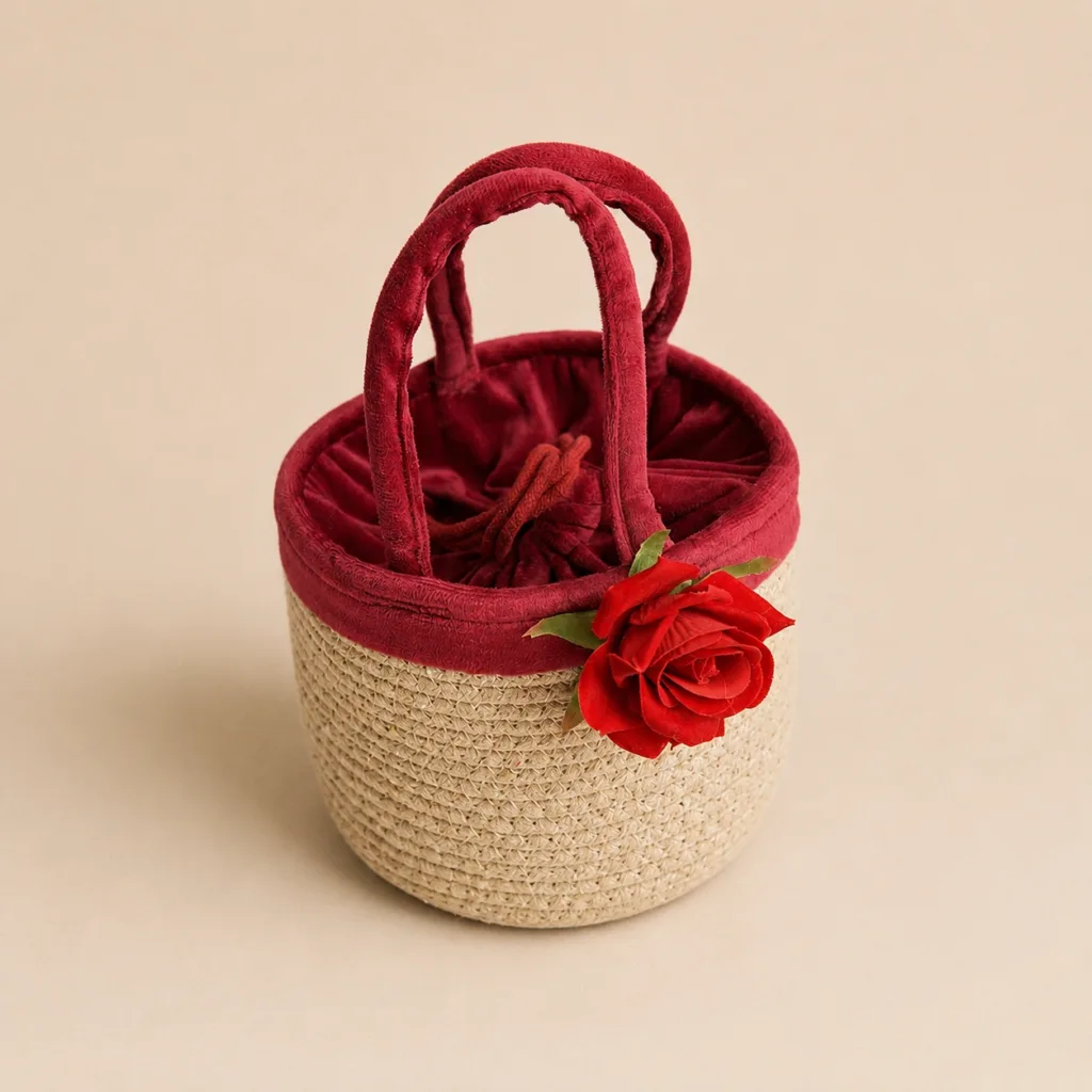 handcrafted rope basket with pink potli eco friendly return gift
