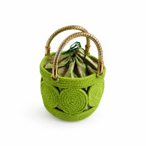 green rope basket with potli gold handle indian wedding return gift