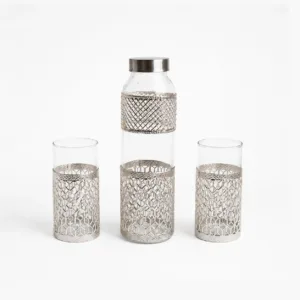 german silver jali glass bottle set two glasses velvet box premium indian gifting set 02
