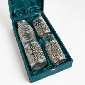 german silver jali glass bottle set two glasses velvet box premium indian gifting set 05