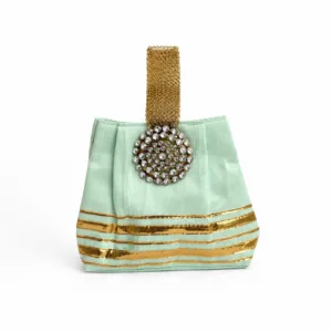 mint green raw silk festive wristlet crystal jewel motif gold stripe thamboolam return gift bag 01