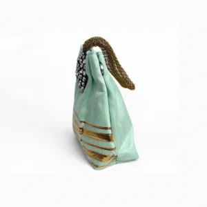 mint green raw silk festive wristlet crystal jewel motif gold stripe thamboolam return gift bag 03
