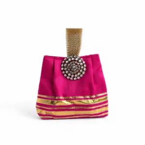 pink raw silk festive wristlet crystal jewel motif gold stripe thamboolam return gift bag 01