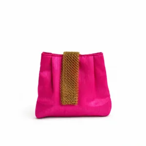 pink raw silk festive wristlet crystal jewel motif gold stripe thamboolam return gift bag 02