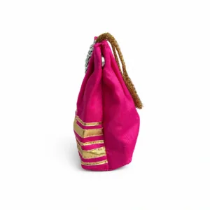 pink raw silk festive wristlet crystal jewel motif gold stripe thamboolam return gift bag 03